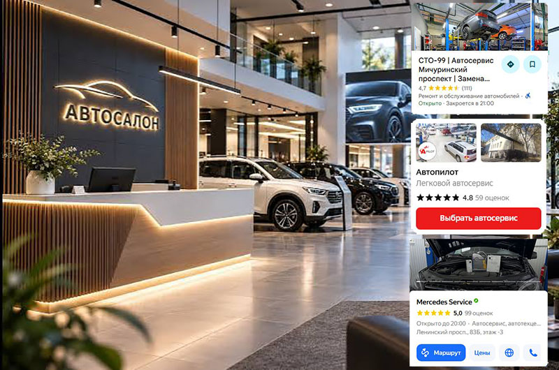 Образец продвижения автосалона на Яндекс Картах, 2ГИС и Google Maps