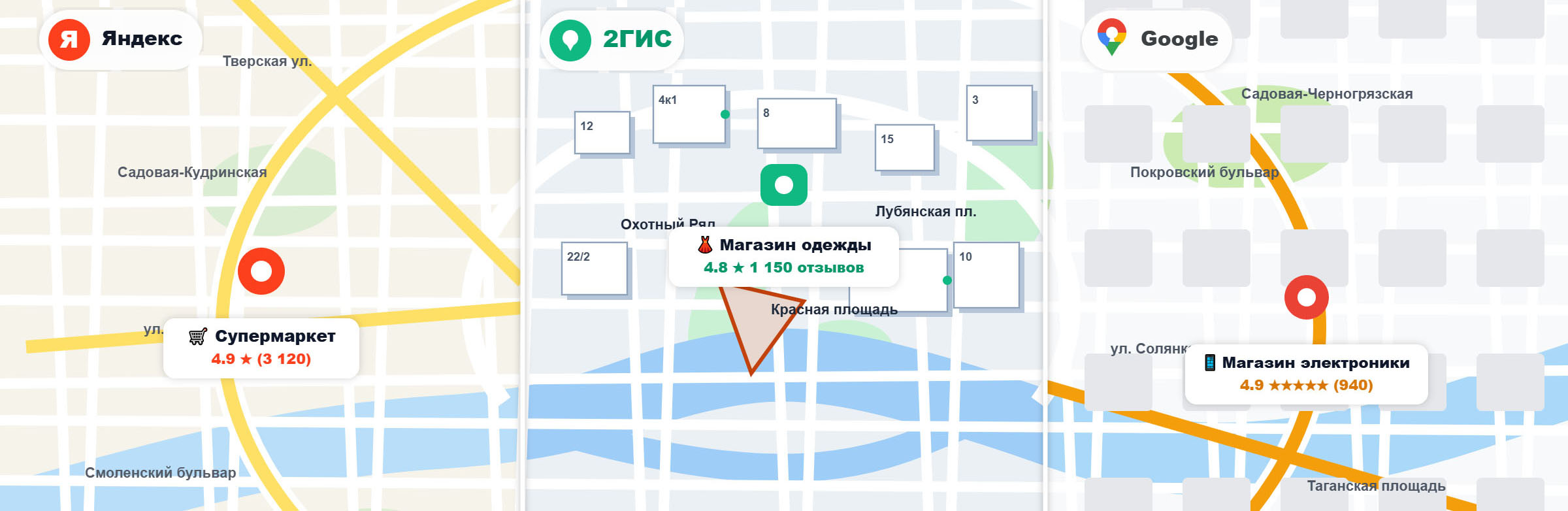 Продвижение супермаркетов, магазинов одежды и электроники на онлайн картах
